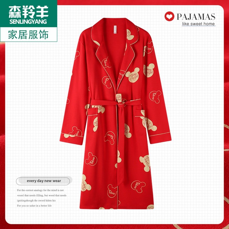 春秋季新款长袖纯棉女士睡袍女式新婚喜庆大红色本命年中长款浴衣