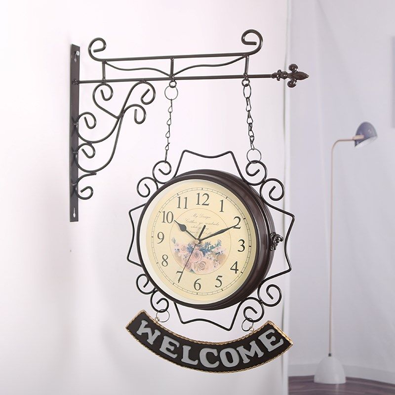 欧式铁艺双面挂钟吊钟创意田园挂表现代客厅壁钟卧室时钟静音大号