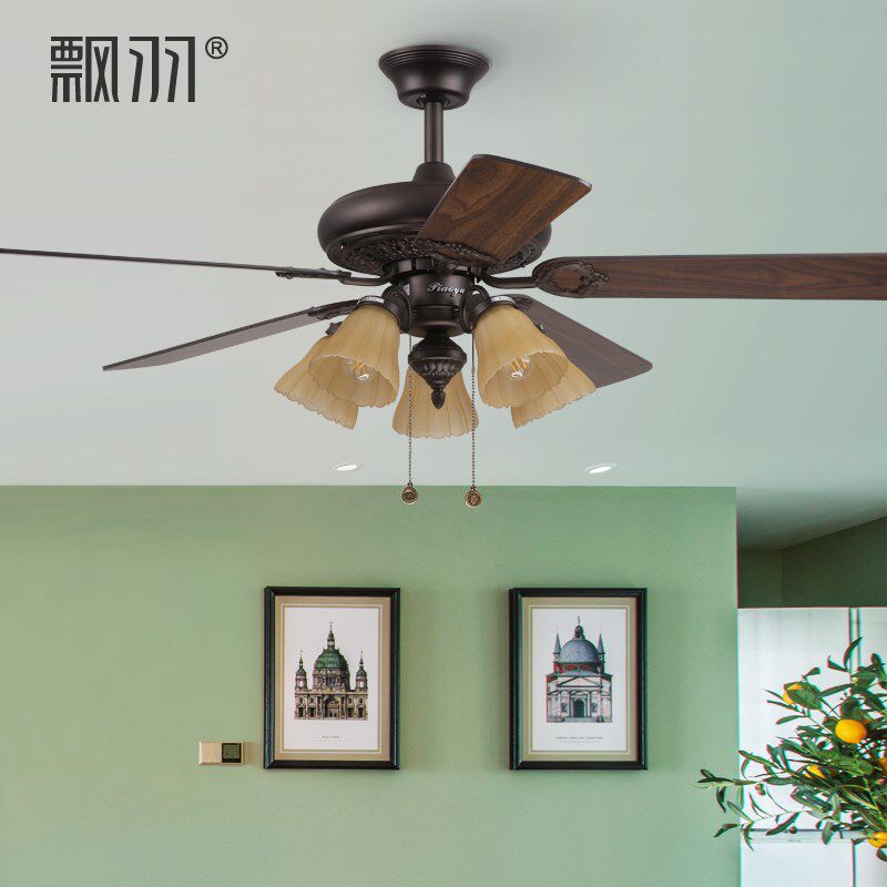 52寸五灯头静音吊扇灯美式复古电扇灯客厅餐厅风扇灯欧式木叶吊灯