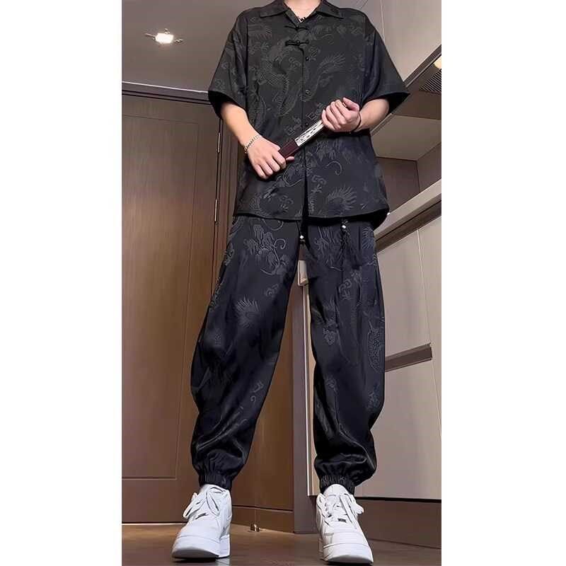 龙纹醋酸提花冰丝裤男束脚休闲裤中式竹纹刺绣短袖衬衫直筒裤套装,男装,休闲运动套装,淘宝优惠券,粉丝福利购,淘宝优惠卷