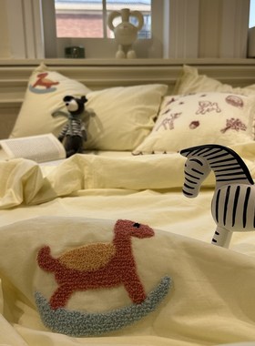 水洗棉刺绣少女心小木马黄色单双人夏凉被四件套薄被子空调被纯棉