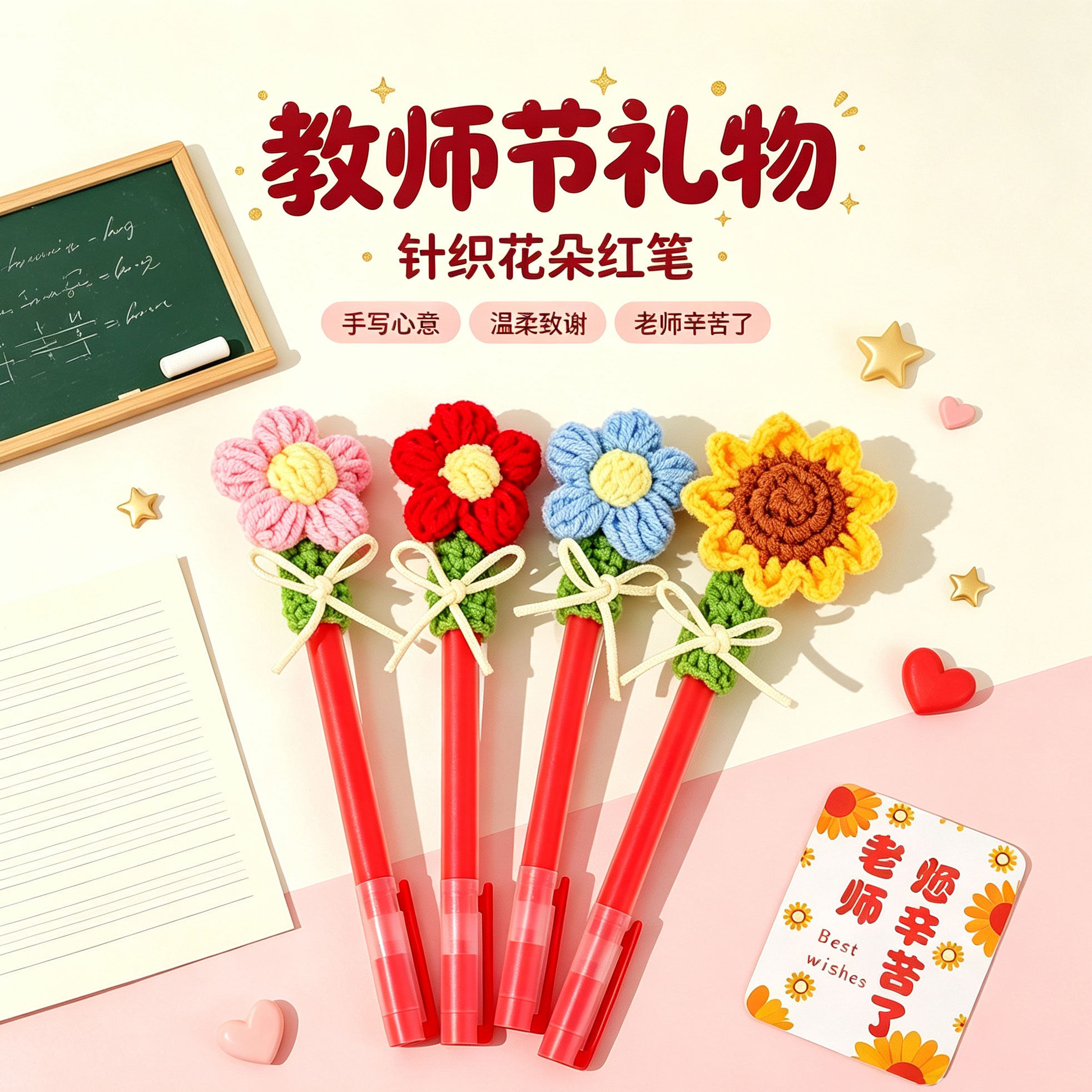2026教师节礼物送女老师批改作业红笔钩针毛线笔套小红花实用礼品