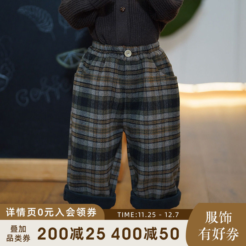 砚台家复古儿童毛呢格子休闲裤男女童一体绒裤子宝宝中小童秋冬款图片