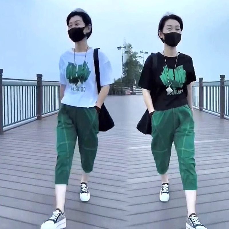 休闲时尚套装女夏装时尚印花短袖上衣松紧腰哈伦裤遮肚藏肉两件套