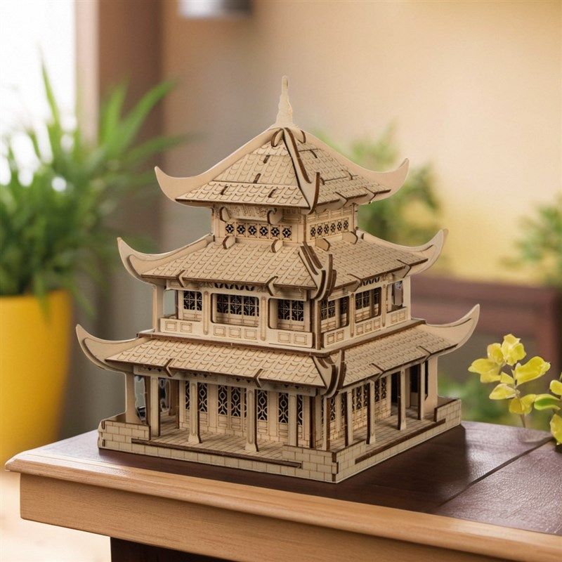 岳阳楼楼榫卯古模型3d立体拼图diy木头木质建筑房子儿童木制积木图片