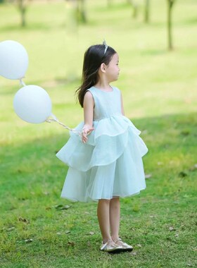 女童夏季冰蓝色公主裙女宝宝生日礼E服裙显白蓝无袖连衣裙洋气裙