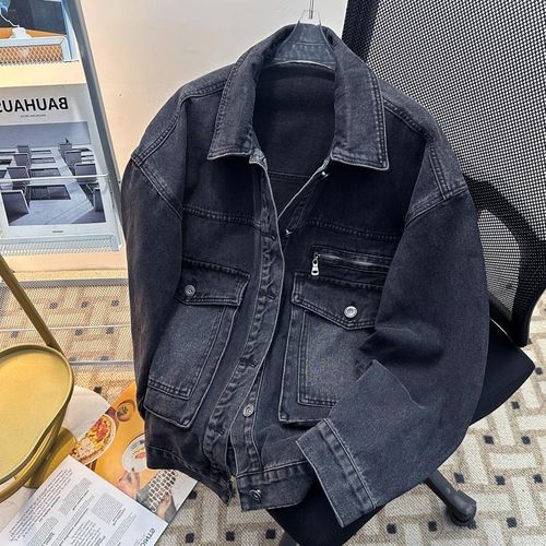 复古重磅水洗工装牛仔外套男士hiphop机车翻领夹克大口袋帅气上衣