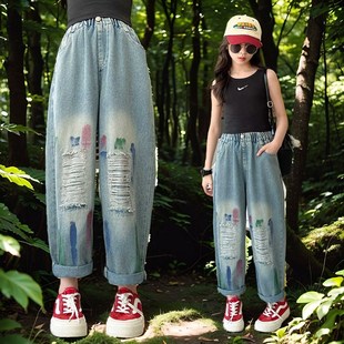 休闲裤 女童牛仔裤 儿童破洞刷漆时尚 宽松炸街老爹长裤 子 春秋夏季