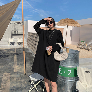 过膝t恤女长袖 长款 春秋百搭上衣打底 纯棉半高领宽松大码 2021新款