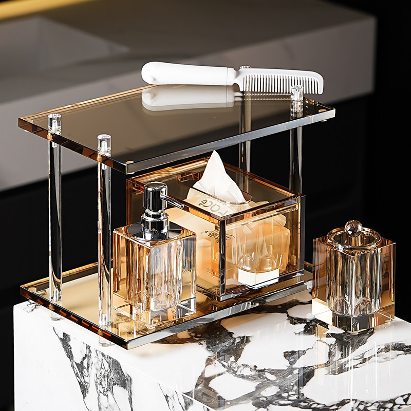 轻奢酒店水晶玻璃卫生间洗手台双层置物架梳子收纳架子洗漱牙杯架