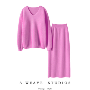 去繁就简~加厚纯100%山羊绒衫女V领毛衣半身裙休闲羊绒套装秋冬