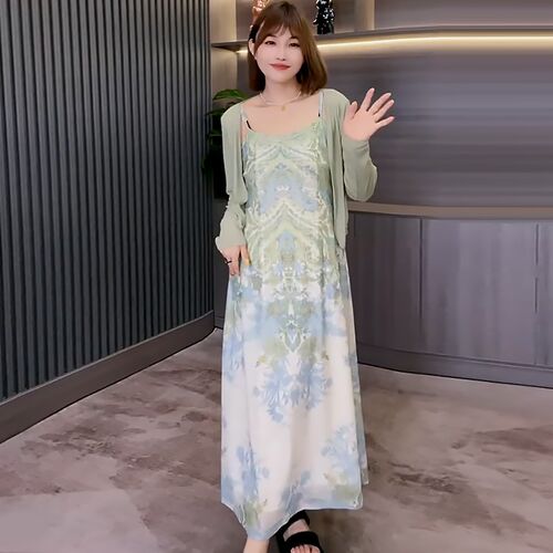 温柔风吊带连衣裙长袖开衫外搭套装胖mm2024夏季新款显瘦宽松女装
