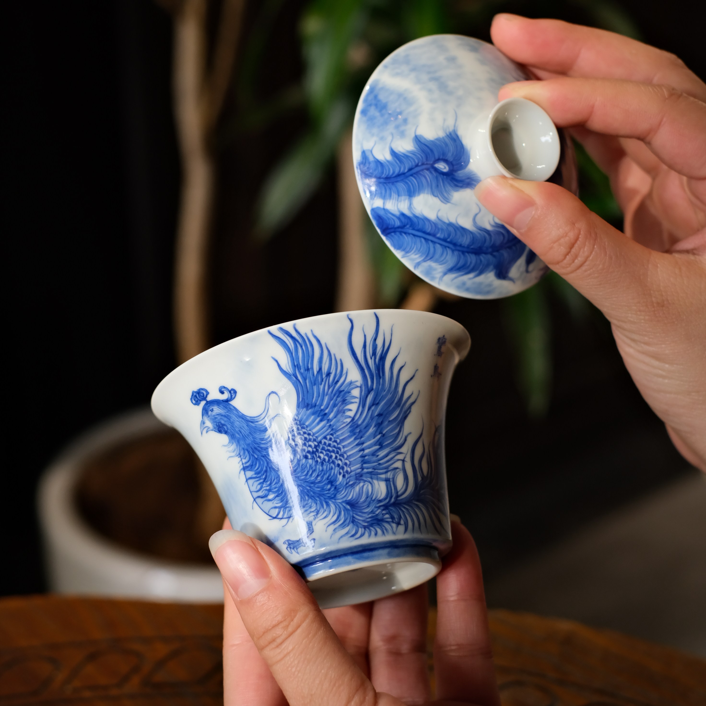 野兽观窑 山海经鸾鸟二才盖碗景德镇手工陶瓷纯手绘青花瓷100cc