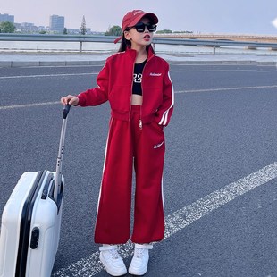 女童美式辣妹运动套装秋复古高街时尚卫衣裤子学生宽松休闲两件套