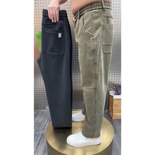 直筒柔软弹力牛仔裤 老爹裤 长裤 宽松中年休闲裤 潮 春秋季 哈伦裤 男士