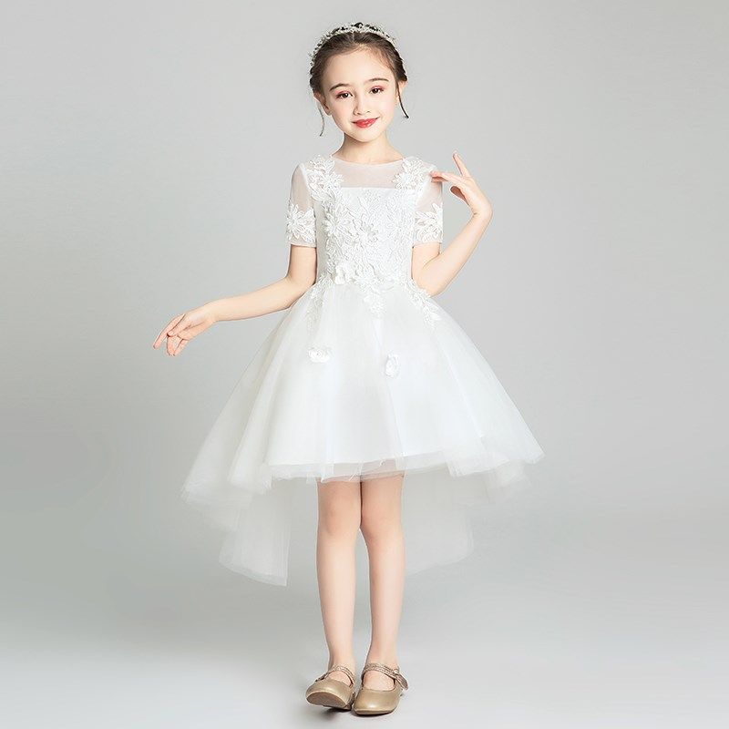 儿童晚礼服公主裙小孩花童白色蓬蓬纱女童生日洋气走秀钢琴演出服