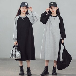 日韩女童连衣裙秋冬新款插肩袖撞色拼接宽松圆领长裙简约卫衣裙子