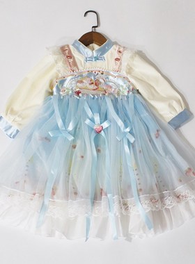 反季特卖新中式~节日礼物~冬女童加绒连衣裙汉服浅蓝色演出服礼服