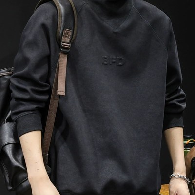 半高领潮牌加绒卫衣男春秋款男款衣服春季2025新款重磅大码黑色潮