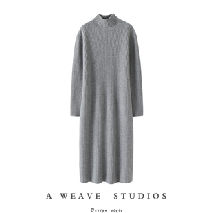 启超明媚柔软!加厚金线红色高领羊绒连衣裙女羊绒衫长款毛衣秋冬