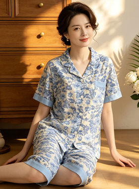 轻奢优雅风中年女士睡衣夏季新款仿棉短袖七分裤高级感家居服