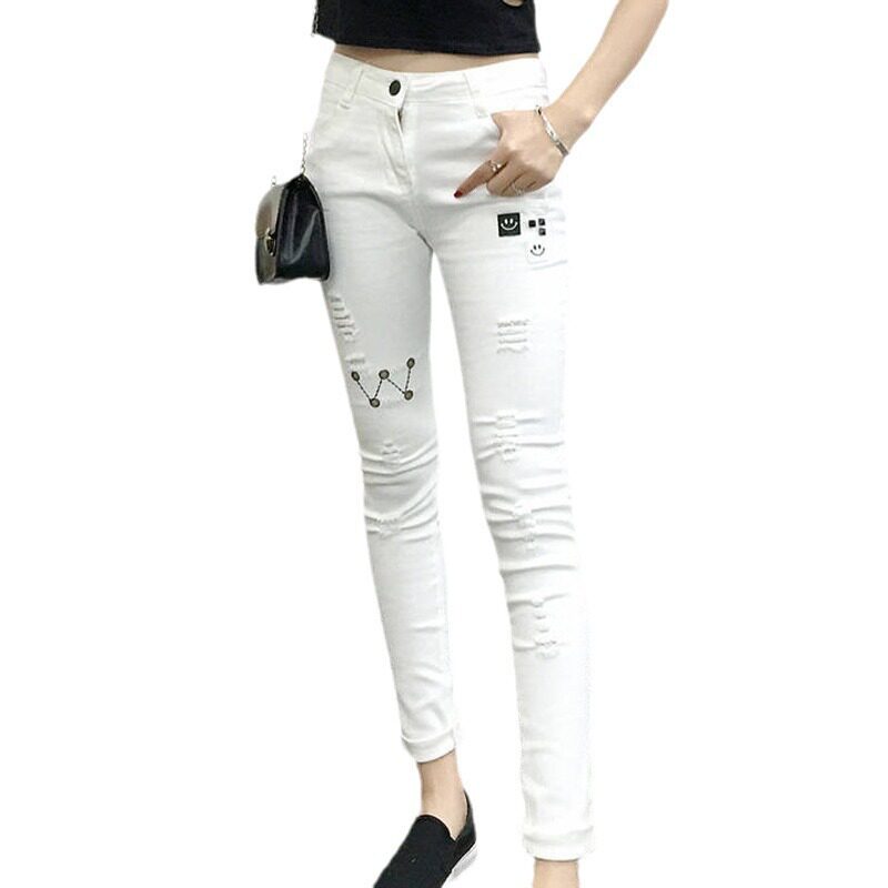 2026春夏新款白色破洞刺绣牛仔裤女韩版高腰显瘦紧身弹力小脚长裤