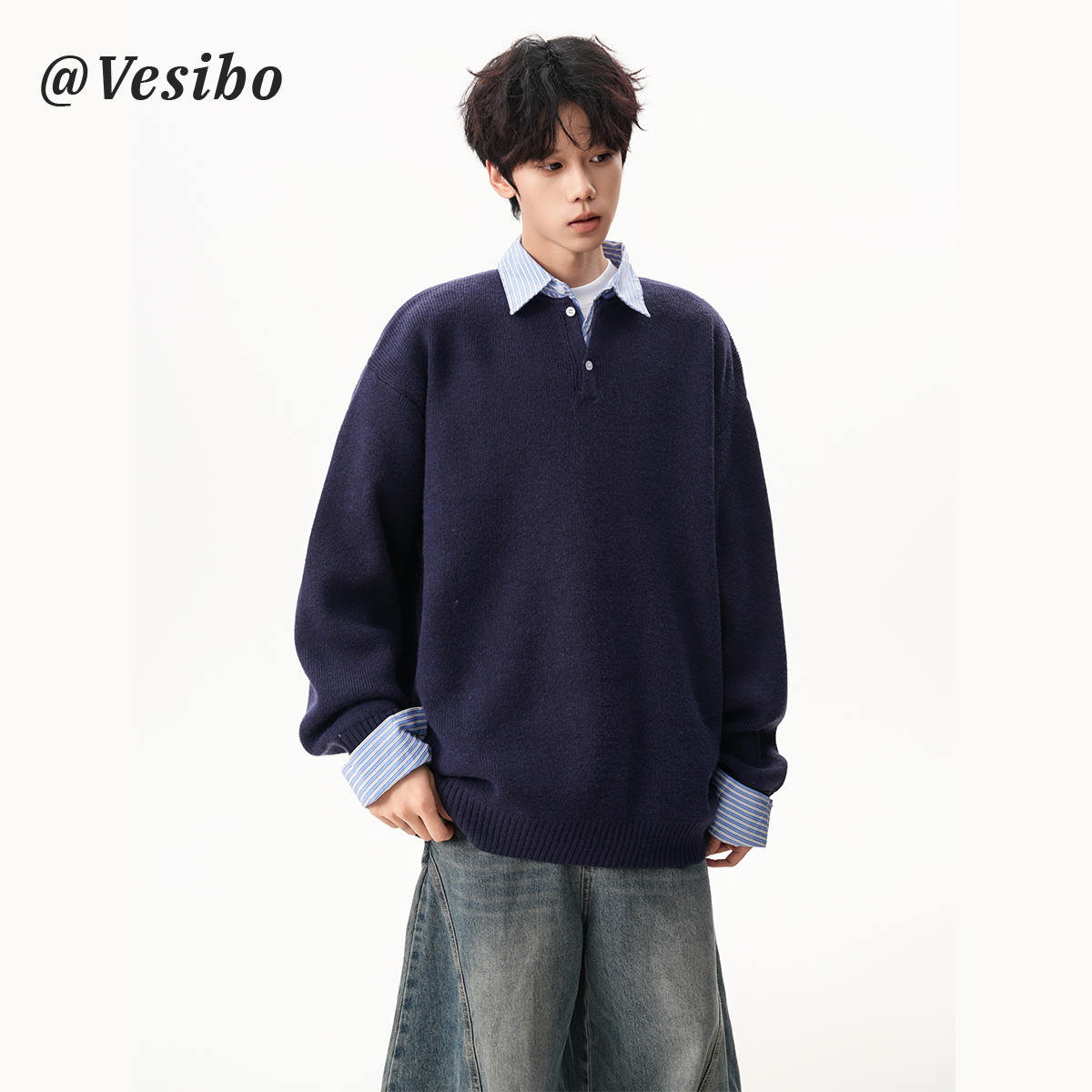 假两件衬衫领针织衫男秋