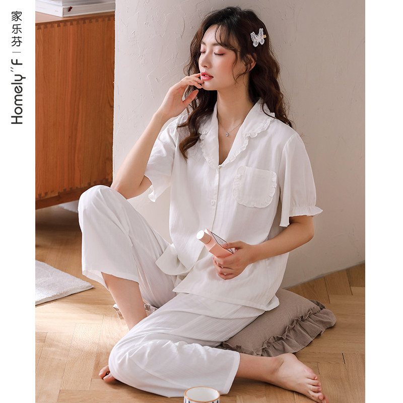 梭织棉纱布睡衣女士夏季纯棉短袖长裤家居服夏天薄款全棉白色公主