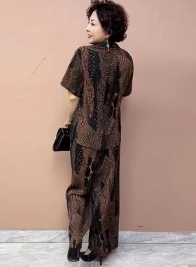 中老年妈妈夏季真丝套裤宽松加肥加大码显瘦上衣高腰阔腿裤两件套