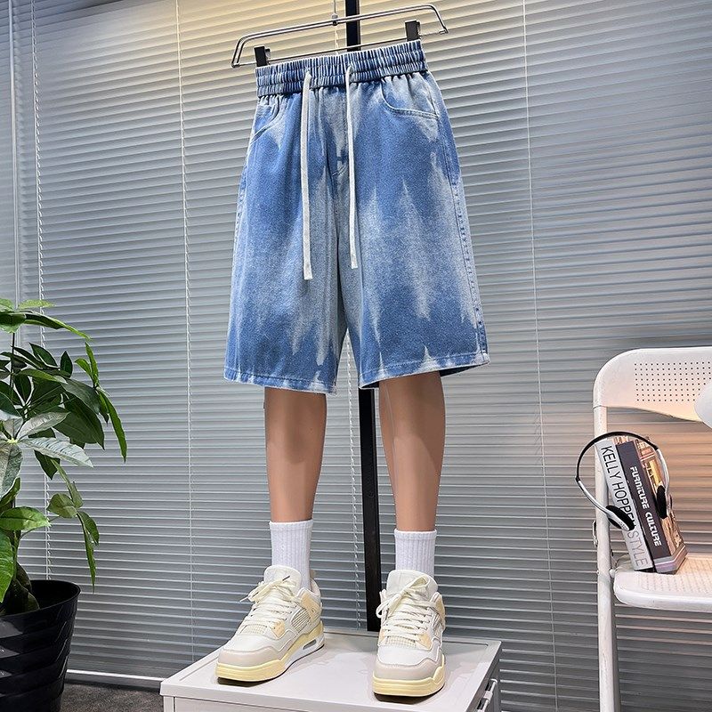 扎染牛仔短裤男士2025夏季新款美式潮牌宽松五分裤复古松中裤男装