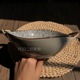 日式双耳碗陶瓷汤碗家用汤盆盛汤沙拉碗大碗水果碗宿舍不规则面碗