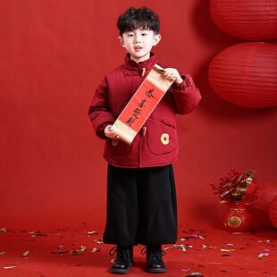 男童拜年服冬装儿童加绒棉服外套新中式红色喜庆男宝冬季保暖棉衣