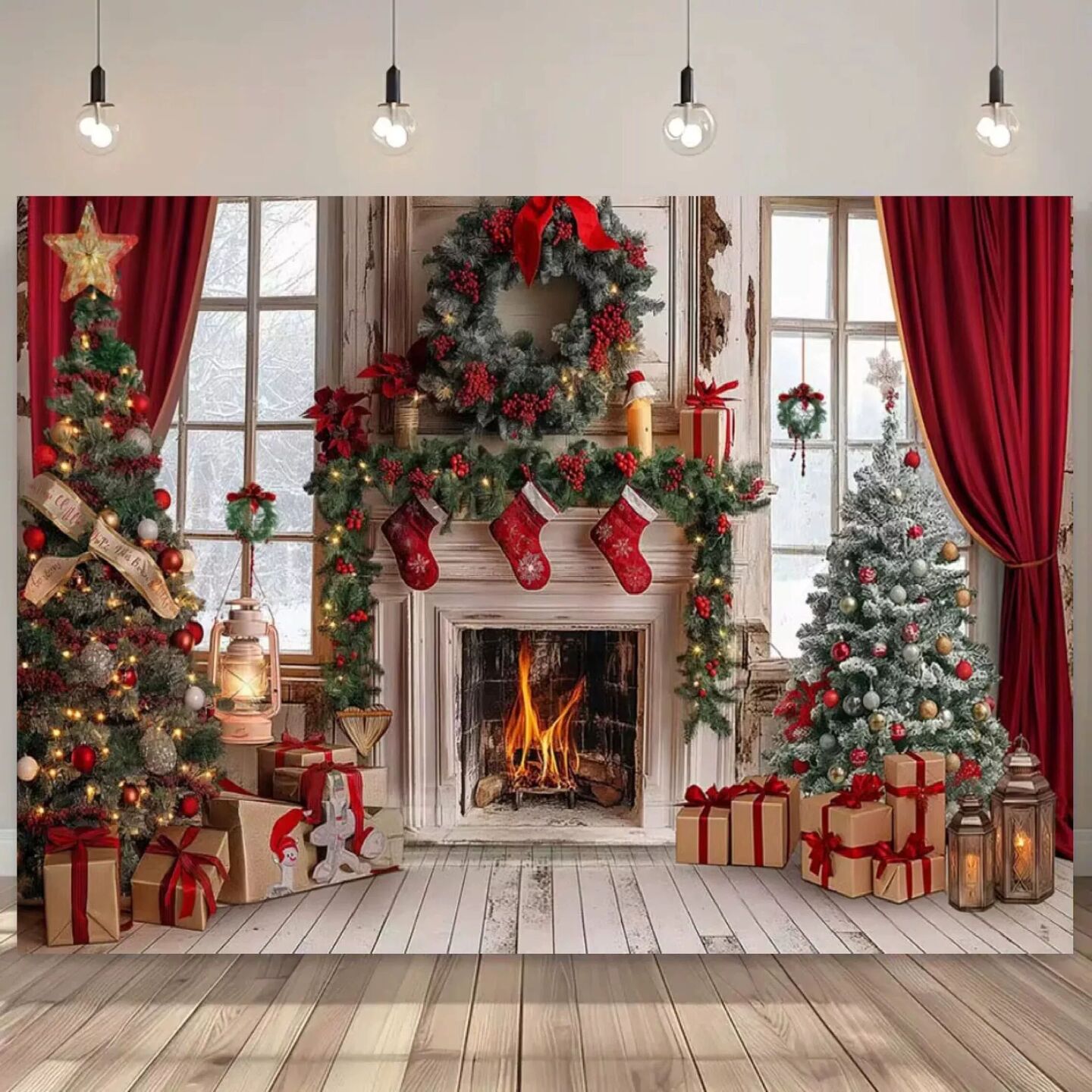 1pcs Christmas holiday background winter fireplace Christmas