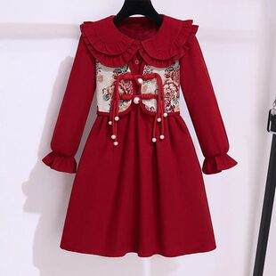 女童秋冬加绒连衣裙小女孩新年红色公主裙中大童冬装中国风拜年服