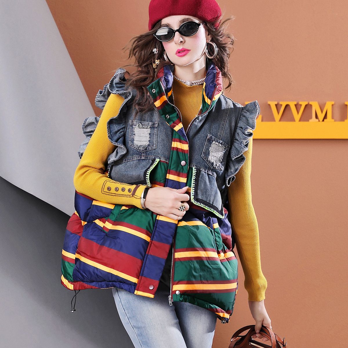 2025秋冬新款条纹撞色牛仔拼接马甲棉服防寒个性上衣年轻棉衣M680