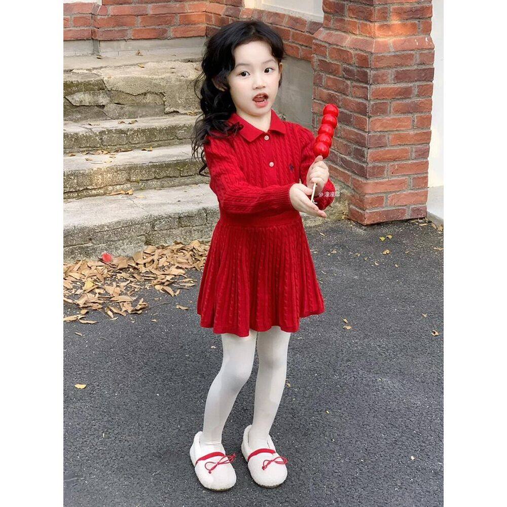 韩国童装 红色拜年服 2025秋冬新款 女童纯棉针织套装 方领毛衣半
