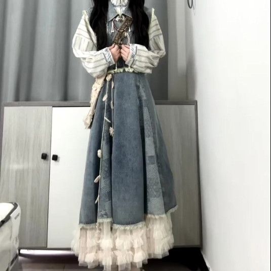蓝色新中式牛仔套装2025新款国风盘扣马甲时尚高级半身裙两件套潮