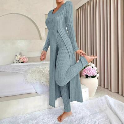 Women's Solid Striped Long Sleeve Slit Maxi Dress