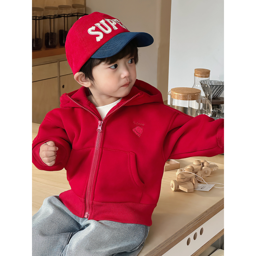 秋冬季新款韩版男童加绒外套新年拜年服红色连帽卫衣一体绒保暖衫