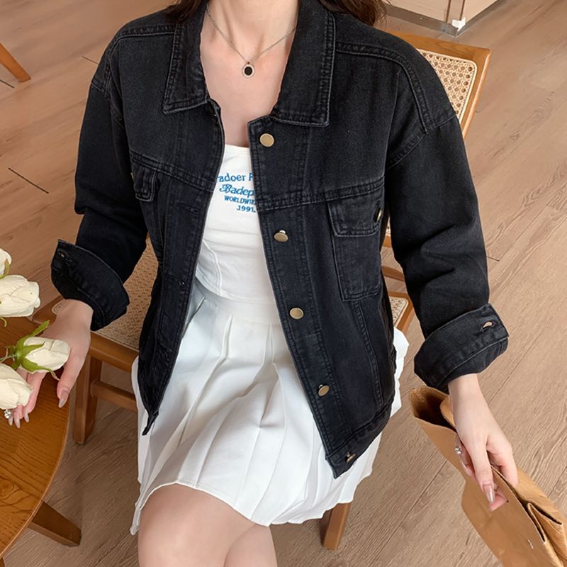 韩版春秋大码宽松显瘦纯黑色牛仔外套女胖mm遮肉牛仔衣休闲上衣潮