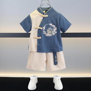 儿童唐装套装夏季2024新款宝宝短袖中国风小童演出服男童汉服夏装