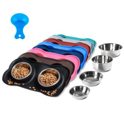 2 Stainless Steel Dog Bowls with Non Skid Silicone Mat and