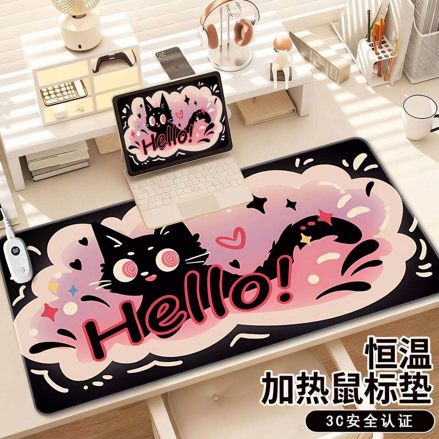 加热鼠标垫超大可爱黑猫发热垫学生写字暖手桌垫电脑办公桌上暖垫
