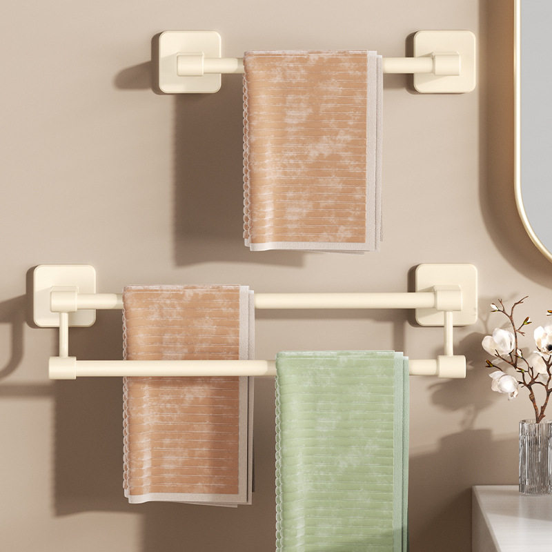 奶油色双杆毛巾杆免打孔卫生间墙上手巾挂架多用魔力贴浴室毛巾架