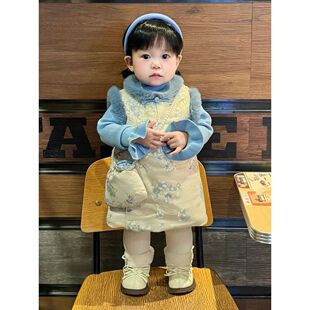 新中式童装2025秋冬女童甜美蓝色毛绒夹棉旗袍裙宝宝拜年服两件套