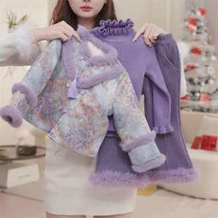 女童冬季加绒拜年服2025新款儿童国风唐装新中式宝宝加厚两件套装