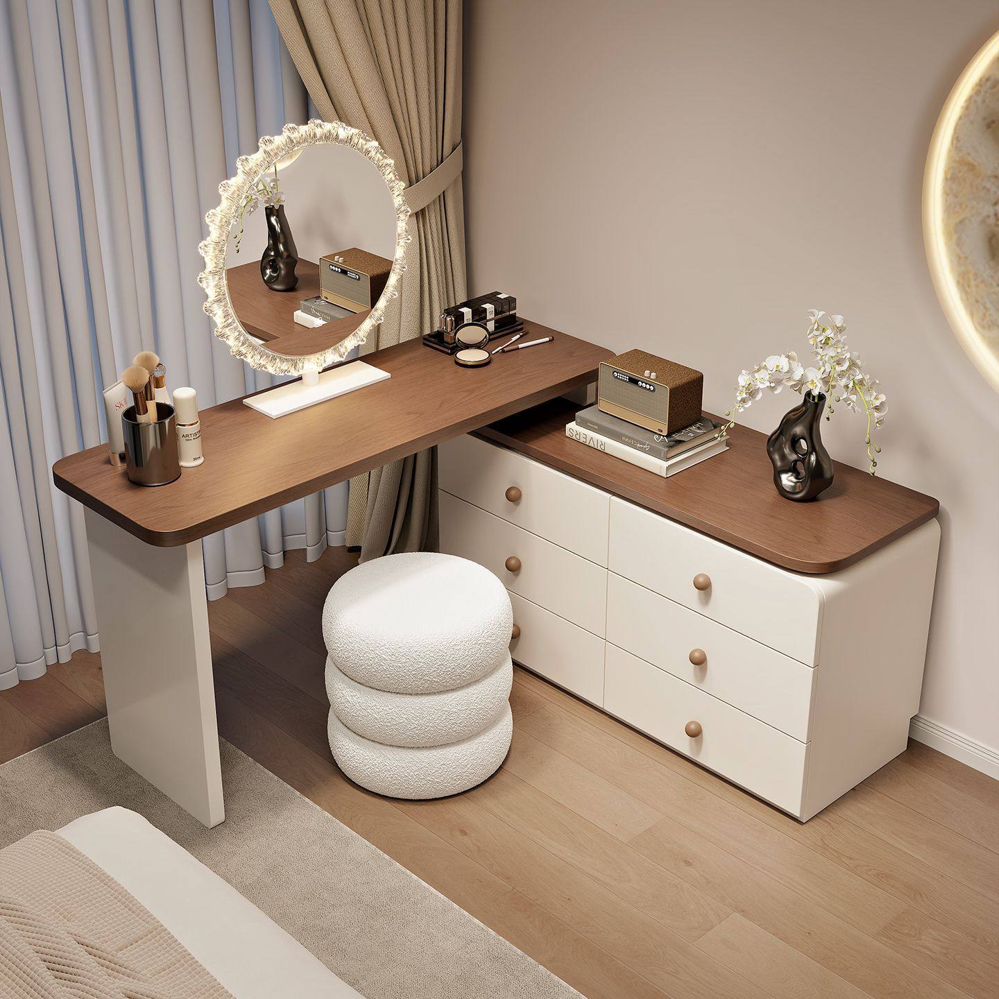 中古风化妆梳妆台卧室现代简约2025新款小户型复古化妆桌斗柜一体