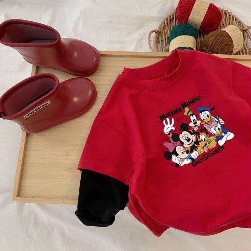 2025男女童纯棉米奇T恤红色拜年服春秋中小童长袖印花假两件上衣