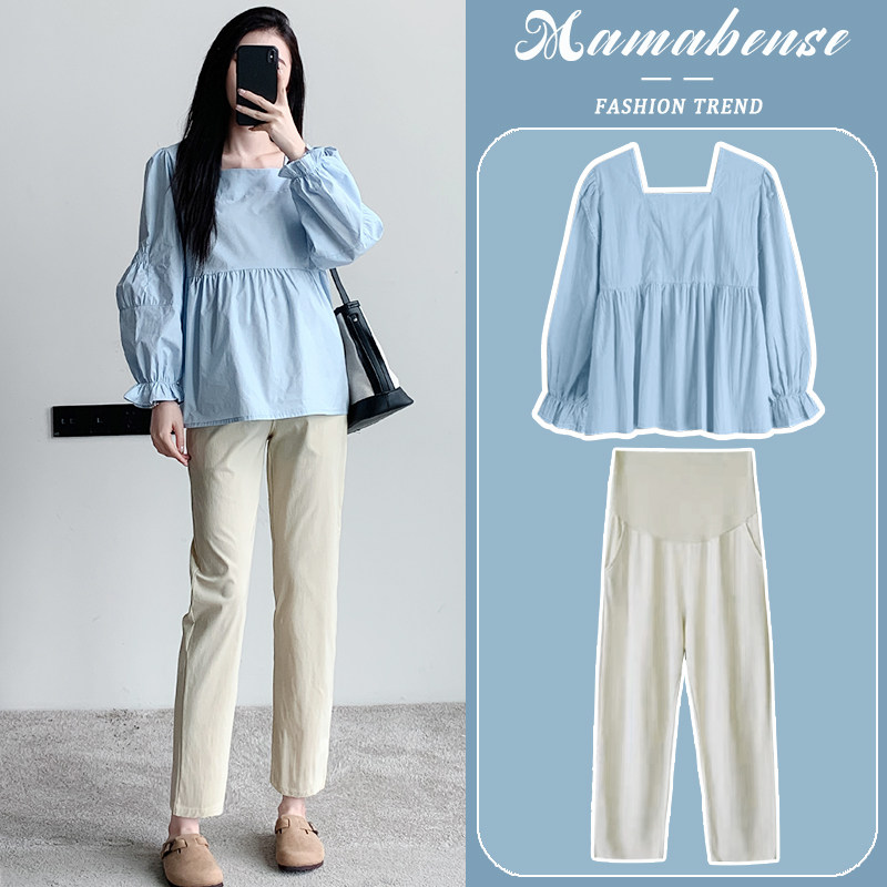 孕妇套装时尚洋气时髦蓝色潮妈方领上衣裤子两件套2024新款春秋装,孕妇装/孕产妇用品/营养,连衣裙,淘宝优惠券,粉丝福利购,淘宝优惠卷