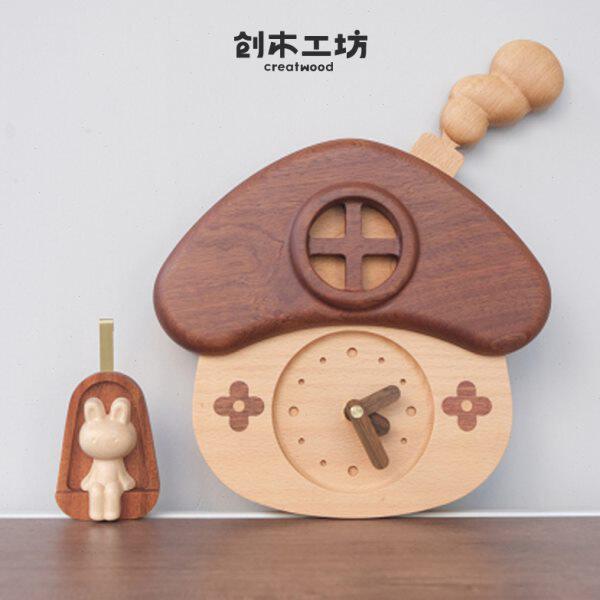 兔子小屋挂钟/实木质静音摆钟创意可爱客厅儿童房墙面装饰时钟